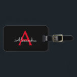 Étiquette À Bagage Nom de monogramme de fille de script noir rouge<br><div class="desc">Étiquette de bagage de script de nom de monogramme noir et rouge Ajoutez votre propre nom L'étiquette de bagage fait le parfait cadeau de 16e anniversaire,  mariage,  douche de mariée,  douche de bébé ou enterrement de vie de jeune fille pour quelqu'un qui décore sa chambre avec style.</div>