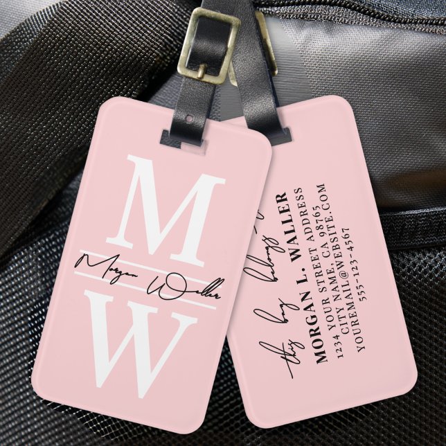 Étiquette À Bagage Nom de monogramme élégant rose pâle (Blush Pink Elegant Monogram Name Luggage Tag)