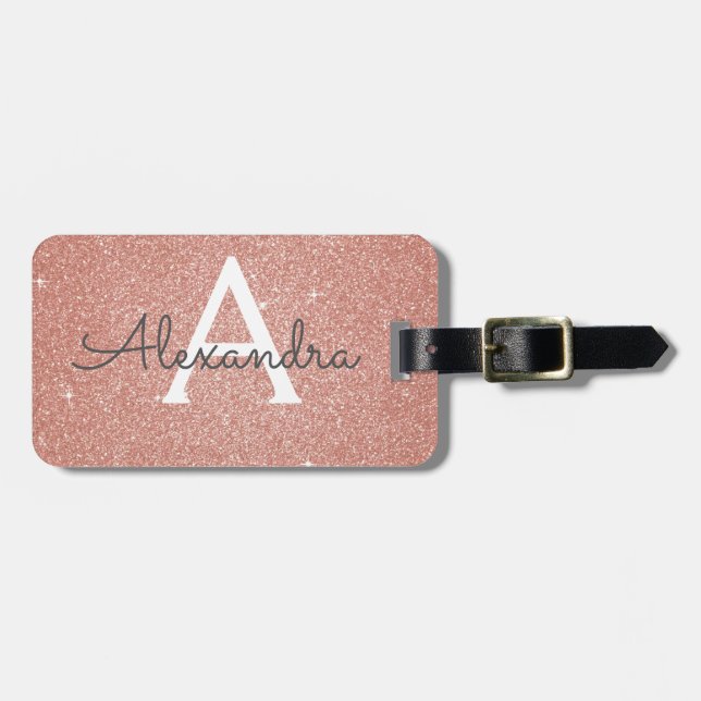 Étiquette À Bagage Nom de monogramme pailleté rose gold (Devant horizontal)