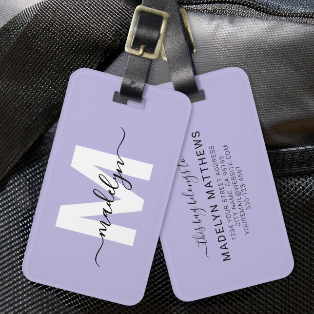Étiquette À Bagage Nom de monogramme violet personnalisé moderne (Modern Custom Purple Monogram Name Luggage Tag)