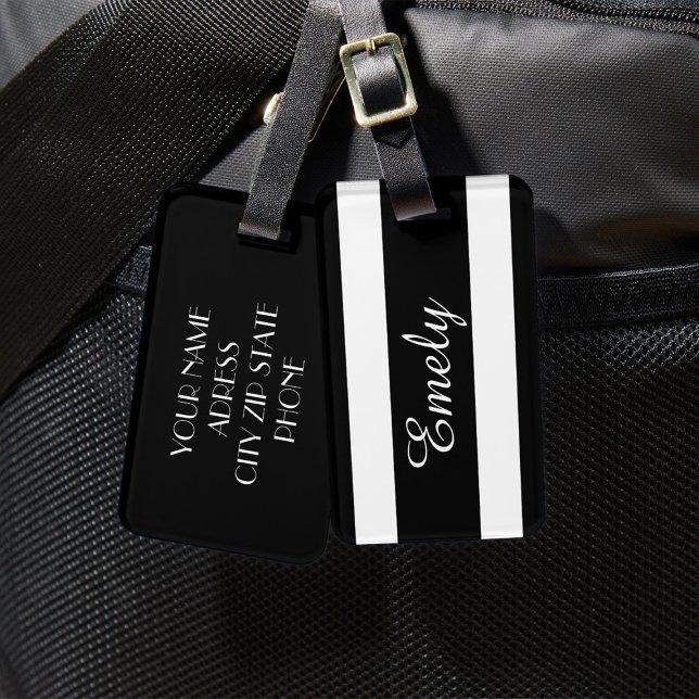 Étiquette À Bagage Nom de motif de rayures noir et blanc moderne (Black And White Stripes Pattern Name Luggage Tag)