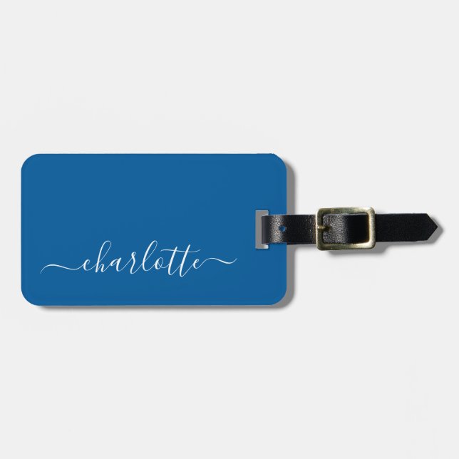 Étiquette À Bagage Nom de script bleu principal élégant Personnalisé (Devant horizontal)