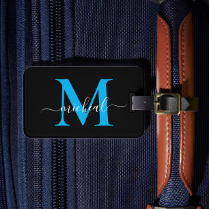 Étiquette À Bagage Nom de script de monogramme bleu ciel et noir mode