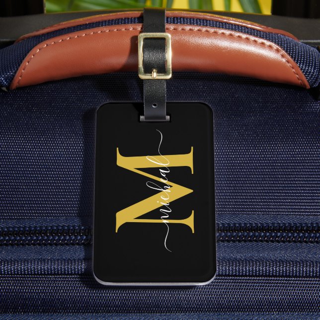 Étiquette À Bagage Nom de script de monogramme doré et noir moderne (Insitu Rectoal 2)