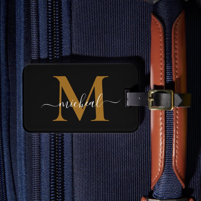 Étiquette À Bagage Nom de script de monogramme marron doré et noir mo (Insitu Rectoal 4)