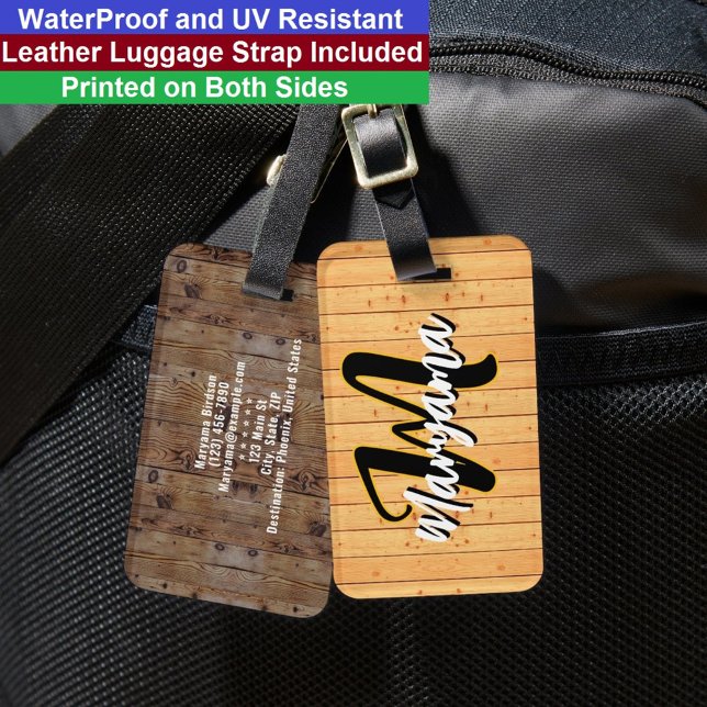 Étiquette À Bagage Nom de script en bois | Monogramme initial personn (Rustic Travel Tag
)