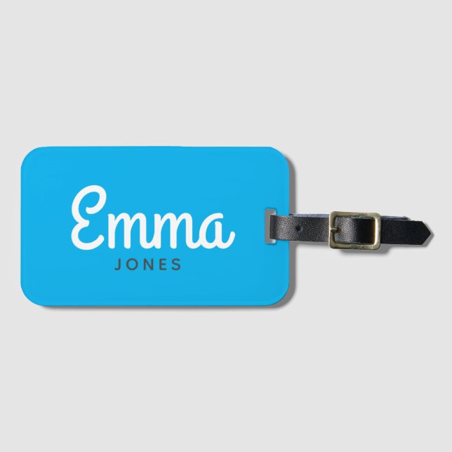 Étiquette À Bagage Nom de script en gras moderne bleu clair (Devant Horizontal)