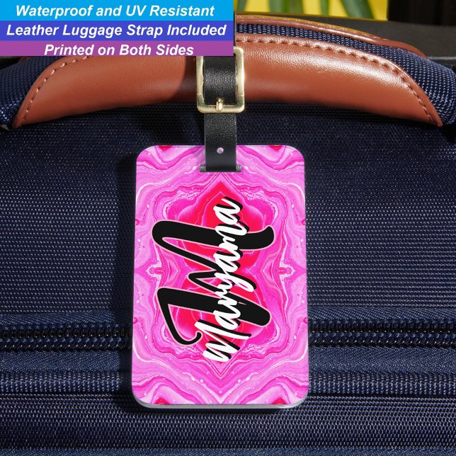Étiquette À Bagage Nom de script féminin, initiale monogrammée rose m (Personalized Initial Luggage Tag)