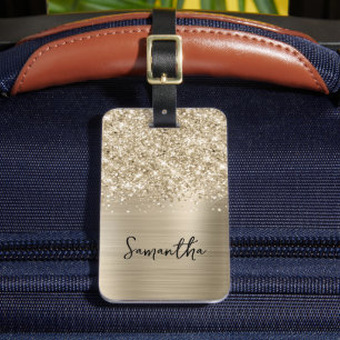 Étiquette À Bagage Nom de script Glam doré pâle scintillant