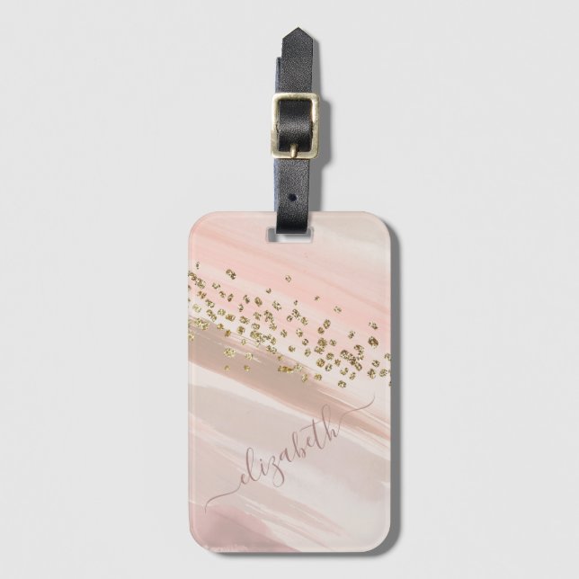 Étiquette À Bagage Nom de script moderne rose poudré avec paillettes  (Devant Vertical)