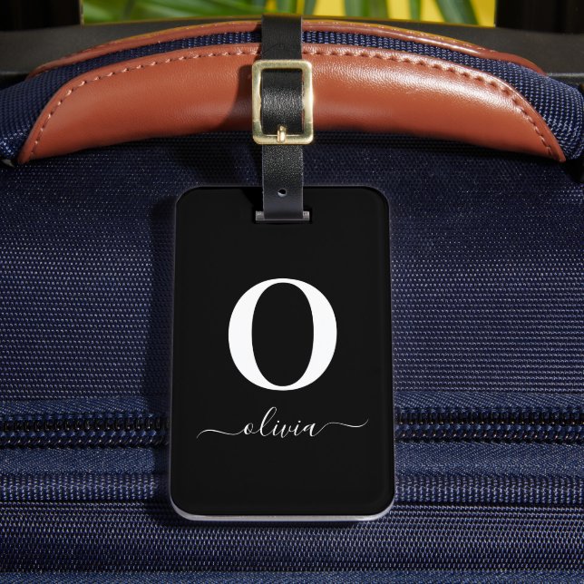 Étiquette À Bagage Nom de script Monogramme Personnalisé Noir Et Blan (Insitu Rectoal 2)