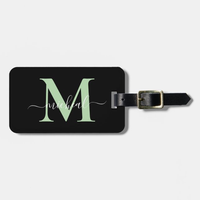 Étiquette À Bagage Nom de script monogramme vert et noir moderne (Devant horizontal)