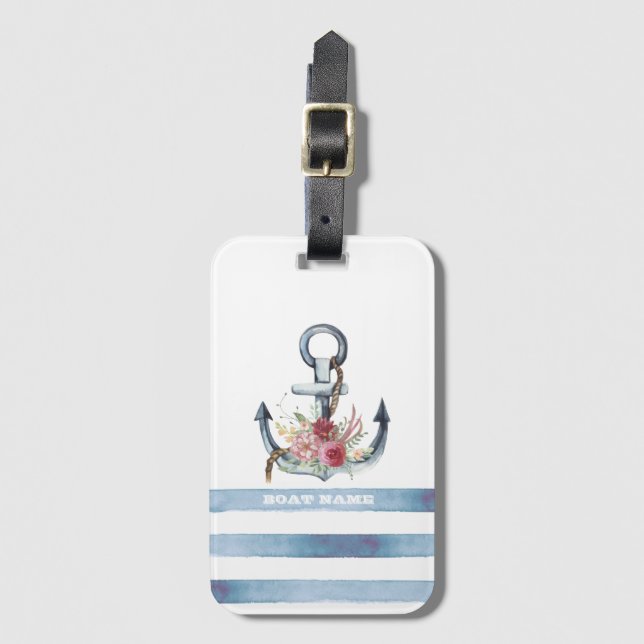 Étiquette À Bagage Nom du bateau nautique, Fleurs d'Ancres rayures (Devant Vertical)