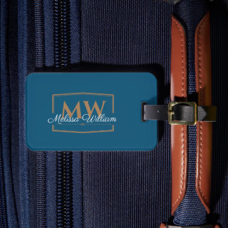 Étiquette À Bagage Nom du monogramme bleu blanc or