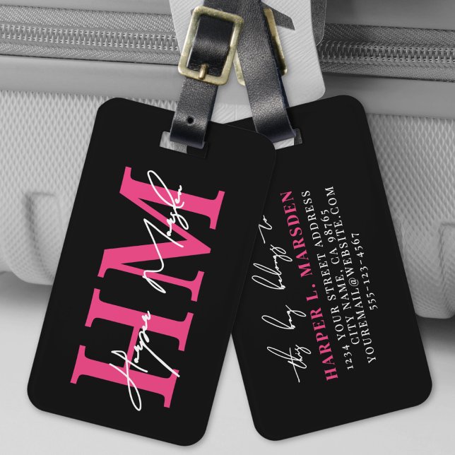 Étiquette À Bagage Nom du monogramme de la fille noire rose chaud (Hot Pink Black Girly Monogram Name Luggage Tag)