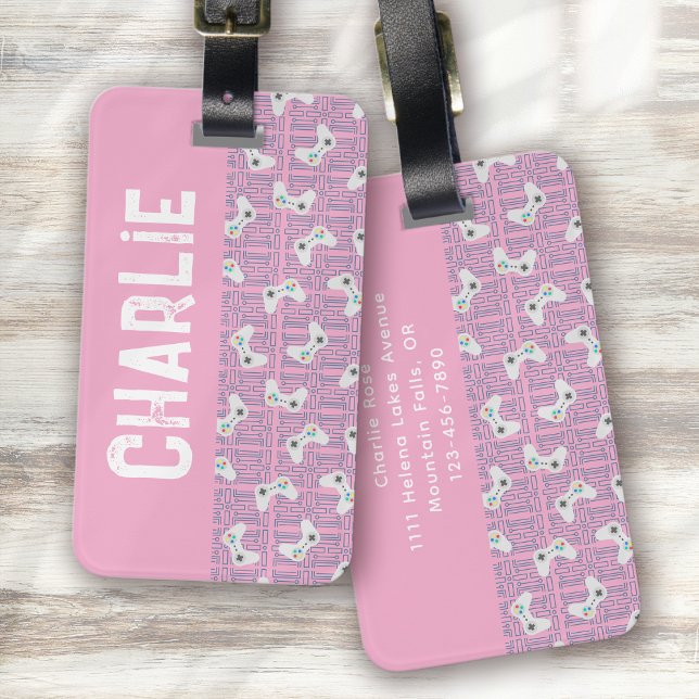 Étiquette À Bagage Nom du monogramme du contrôleur vidéo rose (Créateur téléchargé)