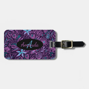 Étiquette À Bagage Nom du monogramme Floral rose pourpre Turquoise no