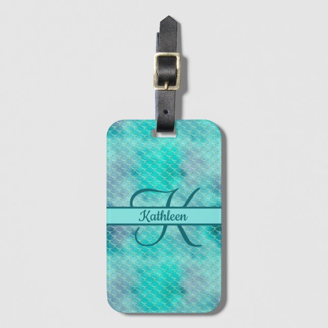 Étiquette À Bagage Nom du monogramme Sirène initiale bleu pourpre ver (Devant Vertical)