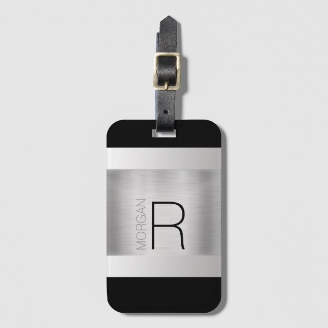 Étiquette À Bagage Nom du monogramme, Texte gris noir, Argent brossé (Devant Vertical)