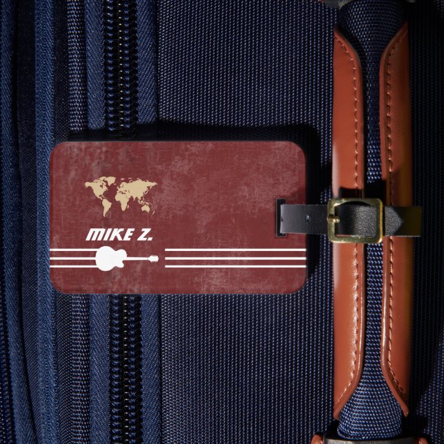 Étiquette À Bagage Nom du voyageur guitariste sur le rouge vieilli (Insitu Rectoal 4)