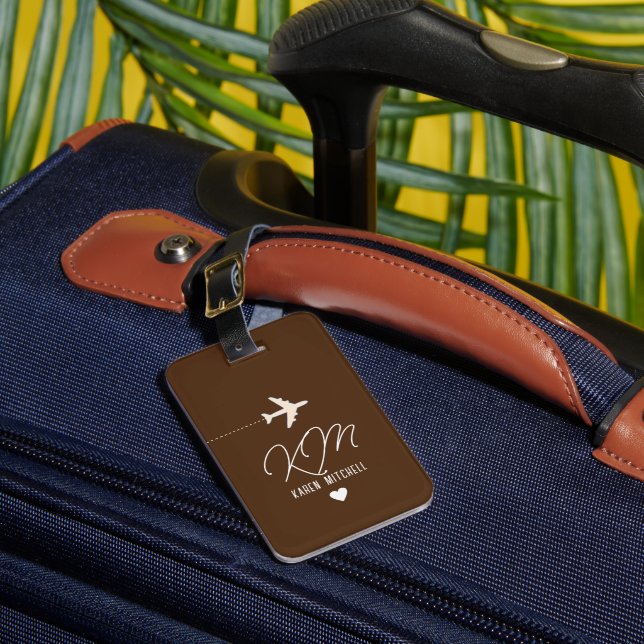 Étiquette À Bagage Nom du voyageur Monogramme Avion brun (Insitu Rectoal 1)
