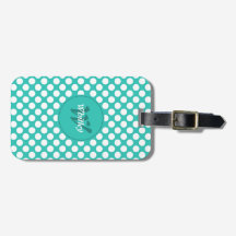 Nom élégant initial turquoise points blancs à pois