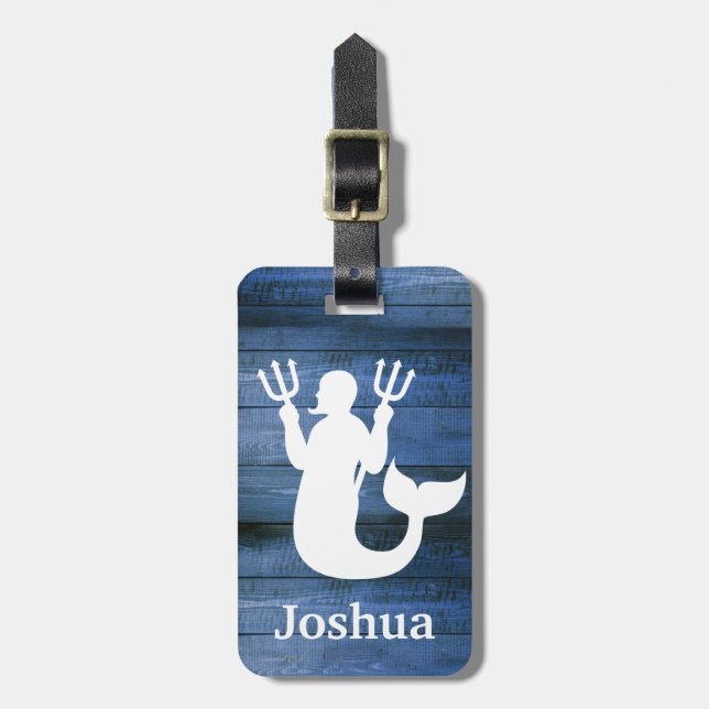 Étiquette À Bagage Nom en bois bleu nautique de coutume de triton et (Devant Vertical)