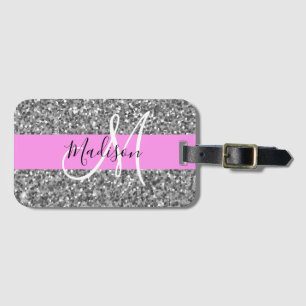 Étiquette À Bagage Nom en monogramme paillettes rose et argent Glam