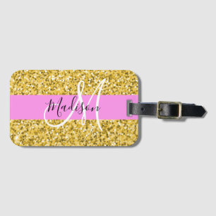 Étiquette À Bagage Nom en monogramme paillettes rose et or Glam