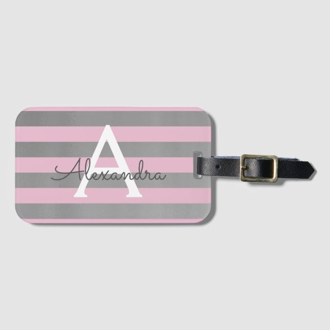 Étiquette À Bagage Nom et initiale du monogramme rose et argenté (Devant Horizontal)