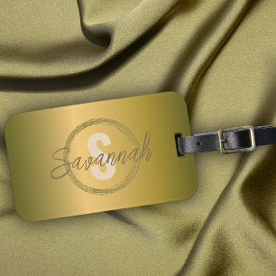 Étiquette À Bagage Nom et Initiale Métallisé Luxueux de Style en Or