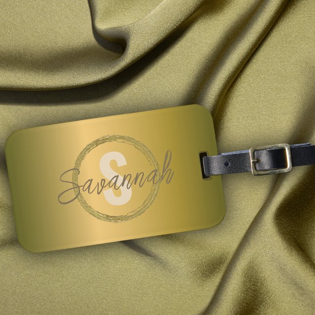 Étiquette À Bagage Nom et Initiale Métallisé Luxueux de Style en Or (Créateur téléchargé)