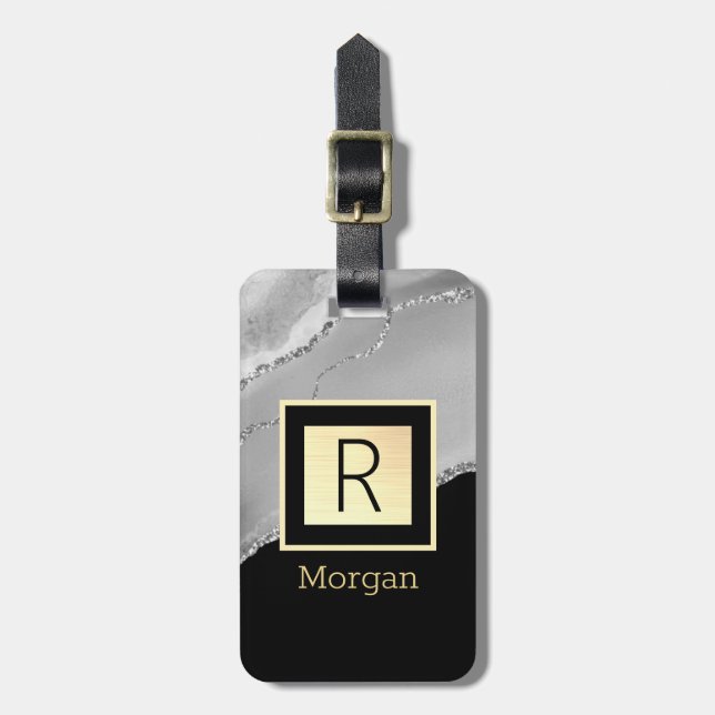 Étiquette À Bagage Nom et monogramme, Boîte noire et or, Agate argent (Devant Vertical)