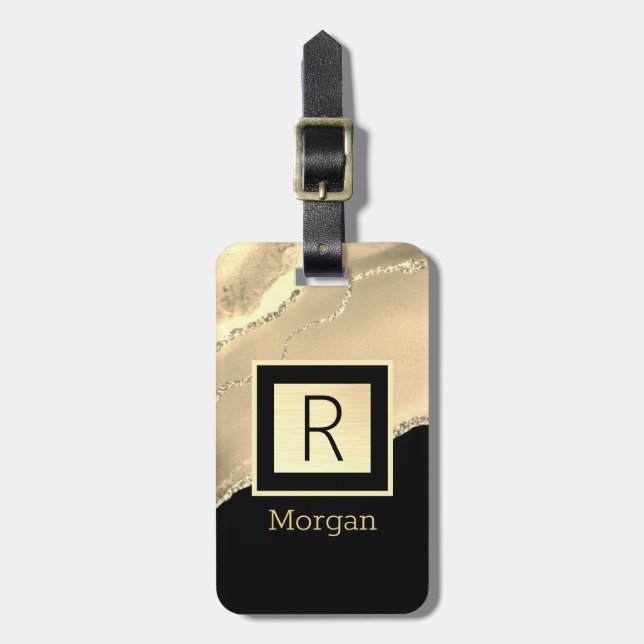 Étiquette À Bagage Nom et monogramme, boîte noire et or et Agate (Devant Vertical)