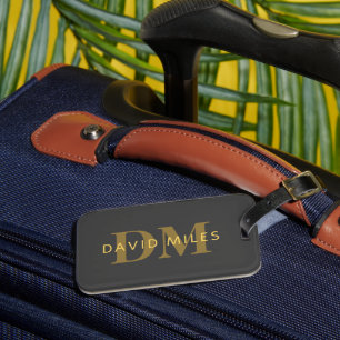 Étiquette À Bagage Nom et monogramme élégant   Or et gris foncé