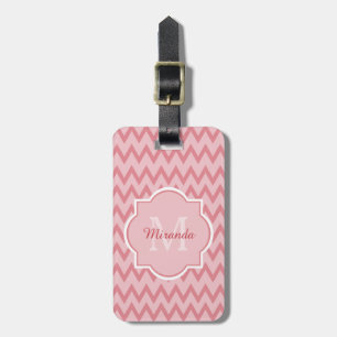 Étiquette À Bagage Nom et monogramme roses à la mode de zigzag de