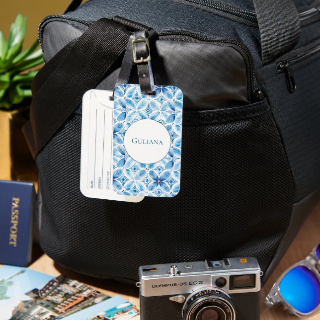 Étiquette À Bagage Nom Floral en Batik Bleu Blanc (Recto & Verso)
