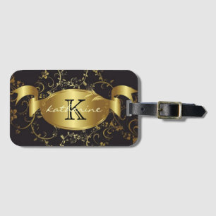 Étiquette À Bagage Nom floral noir de monogramme d'or personnalisé
