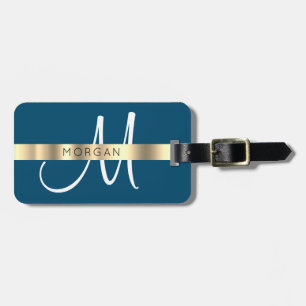 Étiquette À Bagage Nom & grand monogramme, blanc océan bleu or gris