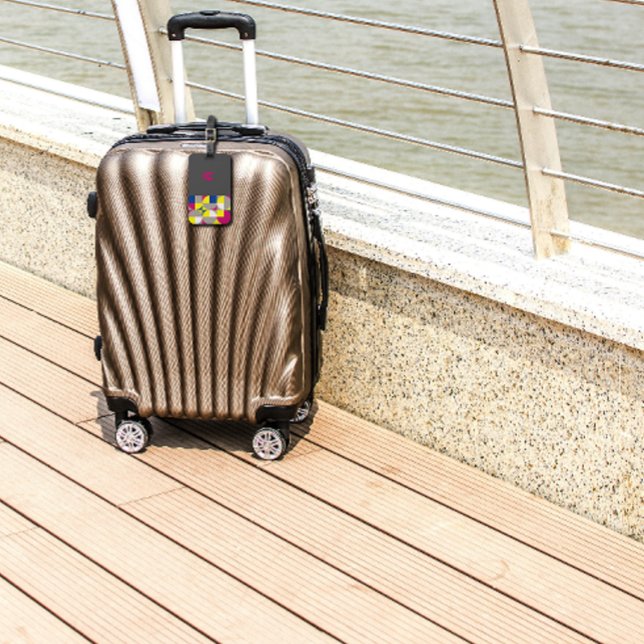 Étiquette À Bagage Nom gris-bleu fuchsia géométrique Abstrait (Créateur téléchargé)