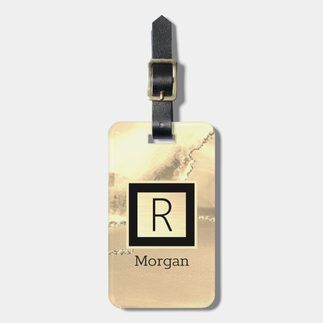 Étiquette À Bagage Nom & Monogramme, Boîte Noir & Or  (Devant Vertical)