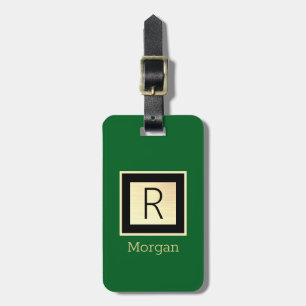 Étiquette À Bagage Nom & Monogramme, Boîte Noir & Or, Vert Forêt