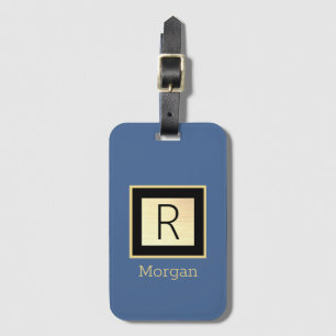 Étiquette À Bagage Nom & Monogramme, Boîte Noire & Or, Bleu Moyen