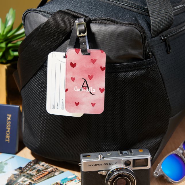 Étiquette À Bagage Nom Monogramme Cœurs Rouge Rose (Recto & Verso)