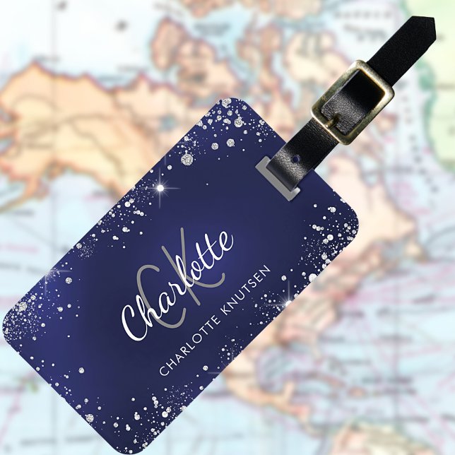 Étiquette À Bagage Nom monogramme de la parties scintillant en argent (Créateur téléchargé)