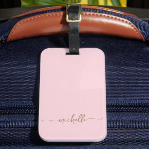 Étiquette À Bagage Nom Monogramme Élégant en Calligraphie Script Rose