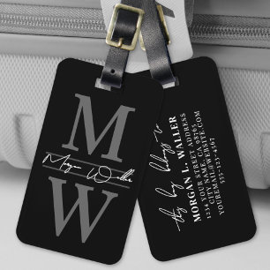 Étiquette À Bagage Nom Monogramme Élégant Noir