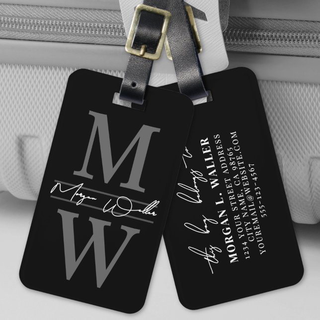Étiquette À Bagage Nom Monogramme Élégant Noir (Black Elegant Monogram Name Luggage Tag )