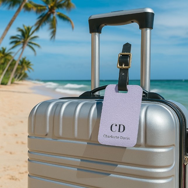 Étiquette À Bagage Nom monogramme en cuir violet lavande (Créateur téléchargé)