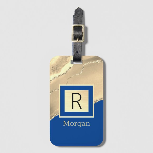 Étiquette À Bagage Nom & Monogramme, Gold Agate, Deep Blue (Devant Vertical)